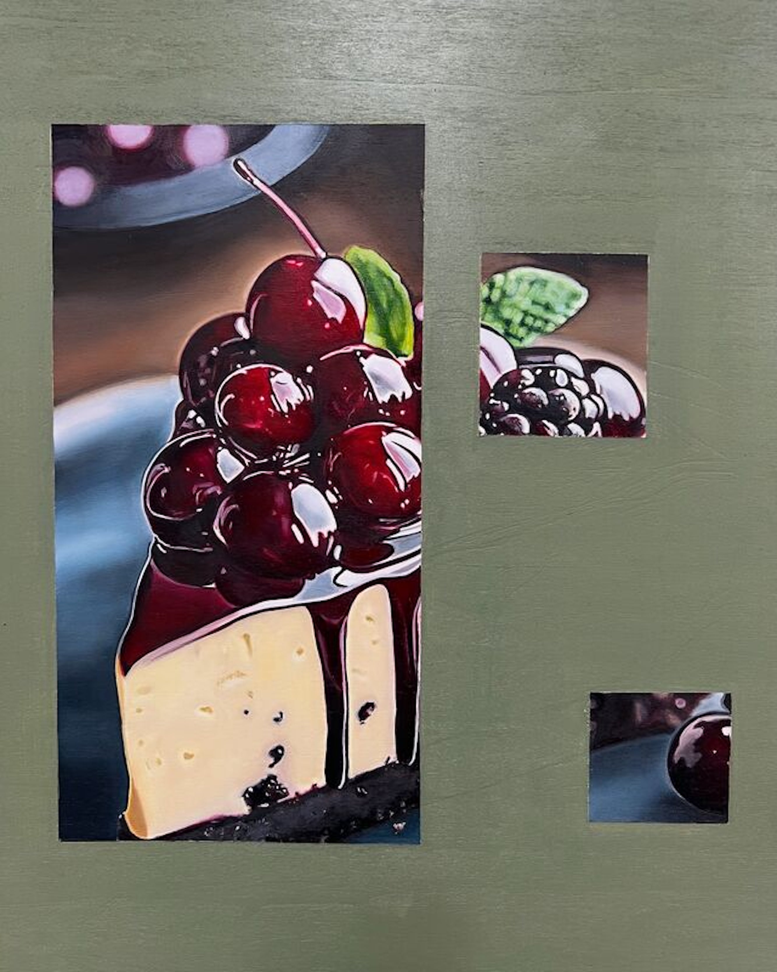 Zoe Moss - Black Forest Cheesecake hyperrealist painting by Zoe Moss, contemporary realism at Molasses House