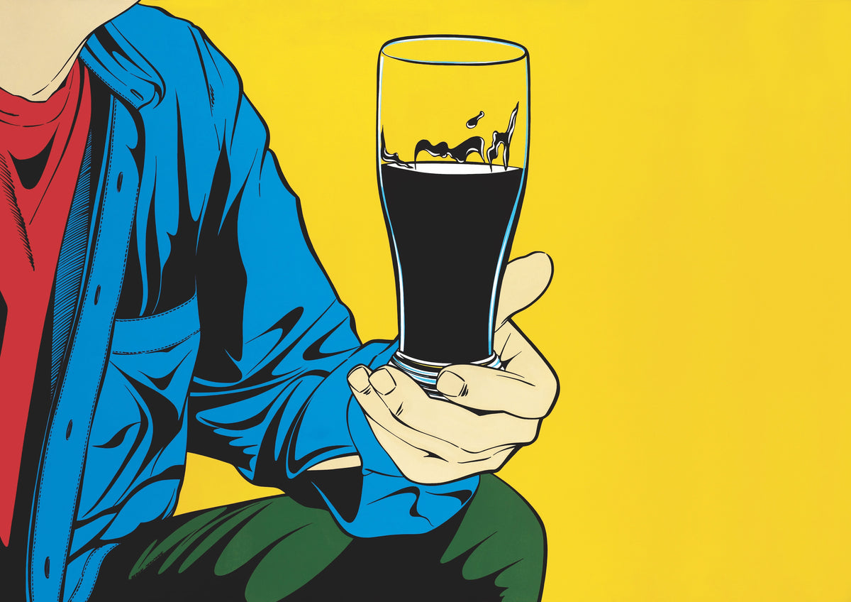Pop-art style illustration of a man in a blue jacket and red shirt holding a glass of Guinness against a bright yellow background.