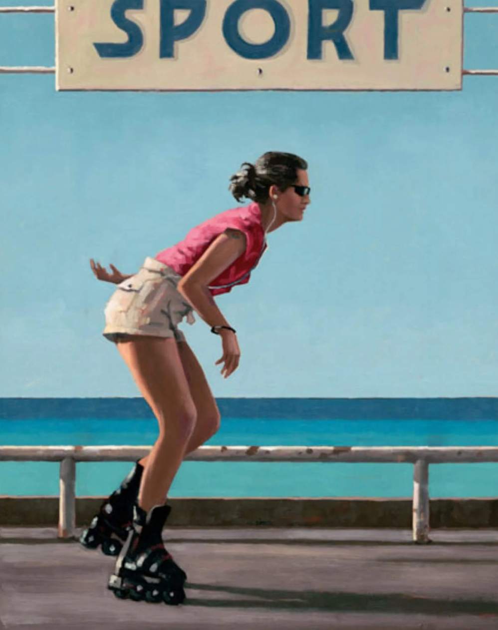 A stylized painting of a woman roller skating outdoors near the ocean, wearing a pink top, light shorts, and roller skates, with a large sign reading SPORT above her.