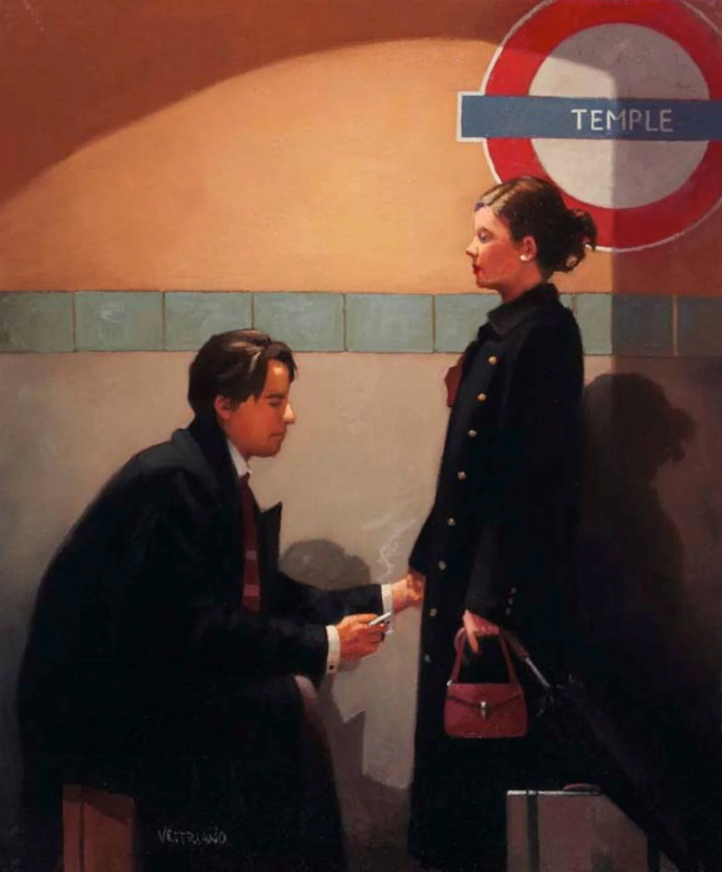 A painted scene of a young couple standing at a Temple underground station sign, rendered in warm sepia tones with dark clothing and a small red handbag.