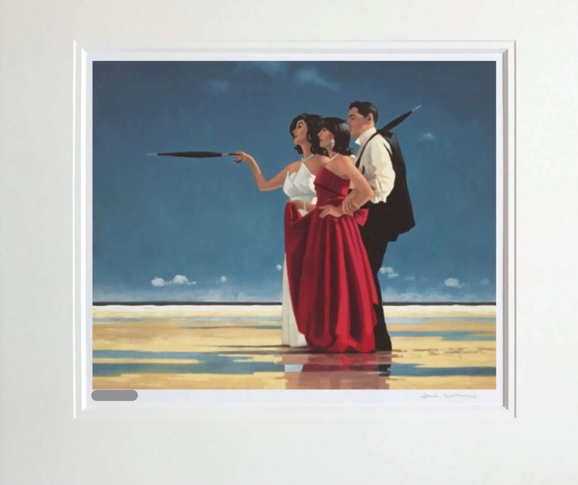 Stylized print of three figures standing in shallow water under a blue sky. The woman in the center wears a bright red dress, the woman on the left wears a white dress, and the man wears a white shirt and dark jacket.