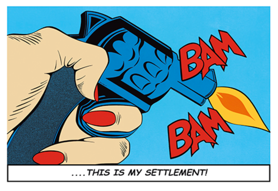 A comic-style illustration shows a hand with red nail polish pressing the ignition of a blue lighter, with flames and red 'BAM' sound effects on a light blue background. Text at the bottom reads 'This is My Settlement'.