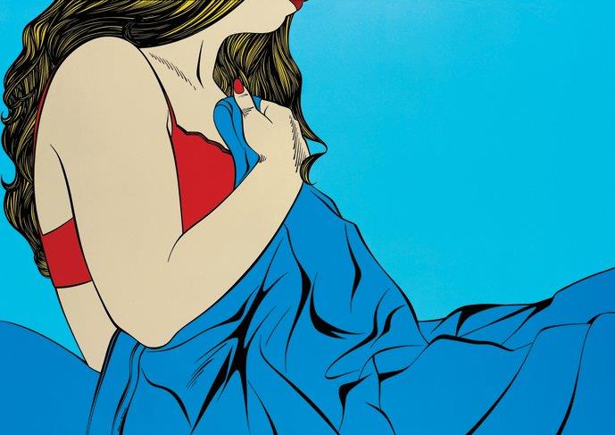 Pop-art style illustration of a woman in a red top and blue dress in bed with a blue sheet, set against a bright blue background.