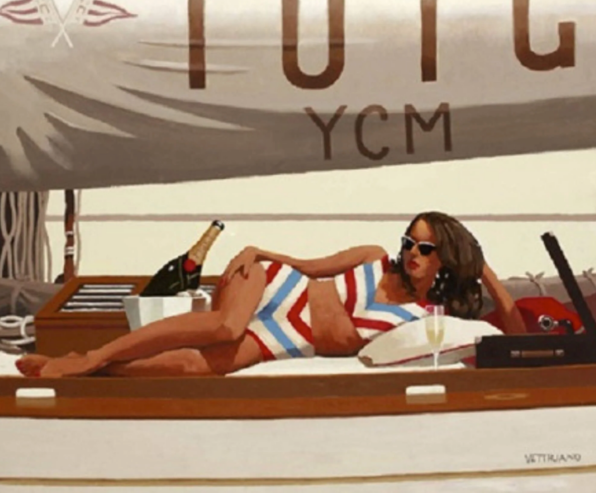A stylized painting of a woman reclining on a boat deck under a sail, wearing a red, white, and blue striped bikini. A champagne bottle, ice bucket, and glass of champagne are visible, with the words 'TUIGA YCM' and large letters on the sail behind her.