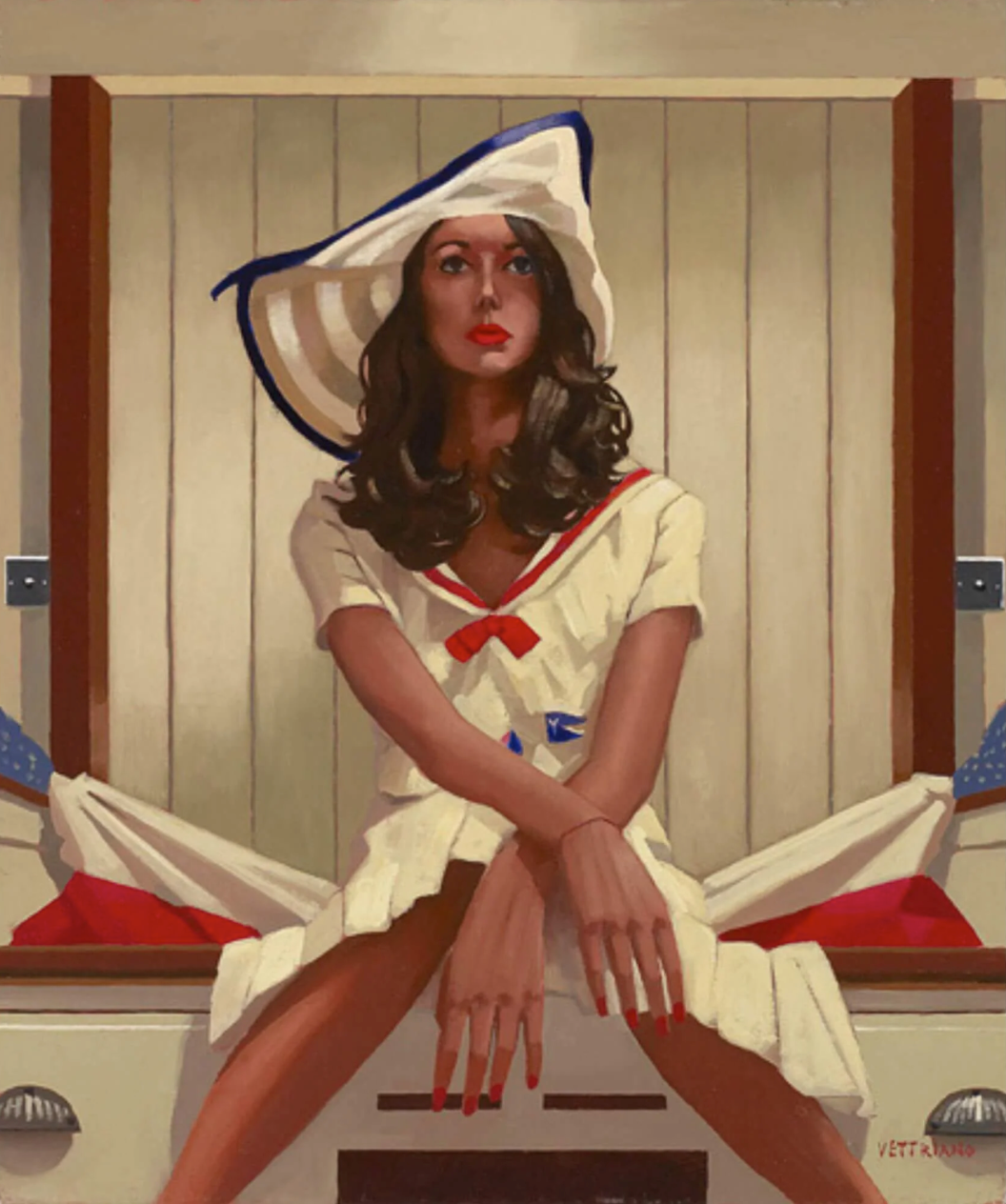 A painted portrait of a woman seated in a locker or bench area, wearing a white sailor-style dress with a red bow and a white hat with blue trim. The artwork fills the frame, and the depicted scene is the product itself rather than a real photographed environment, so this fits Scenery per the schema for art/prints/posters.