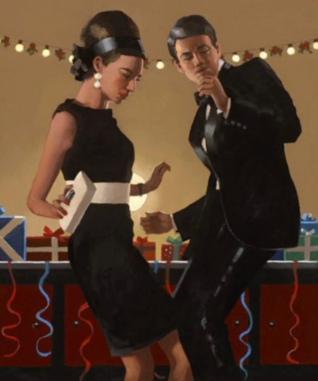 A stylized painting of a woman in a black sleeveless dress with a white belt holding a clutch bag and a man in a black tuxedo dancing the 'twist' at a party