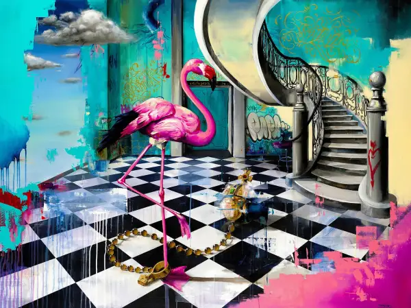 Click Here To Enlarge This Photo Of Flamingo & Orb XL on aluminium SOLD